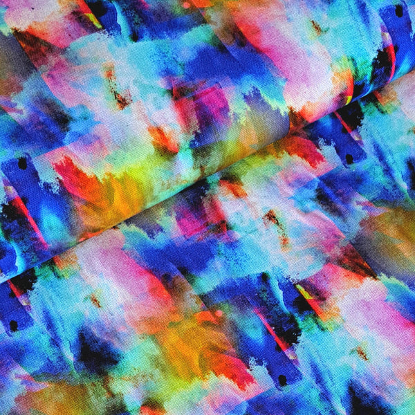 A wonderful medium dressmaking weight linen. Linen mixed with natural viscose. A digital print of multicoloured tie dye effect shapes.  Available to buy in metre increments from Fabric Focus Edinburgh. 