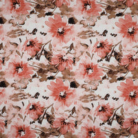 A beautiful print of coral and tan flowers on an ivory background. Perfect for wrap dresses, wide legged trousers and blouses. Manufacturer recommends 30 degree wash but please allow for shrinkage and test a piece before hand.  Sold in half metre increments at Fabric Focus Edinburgh.