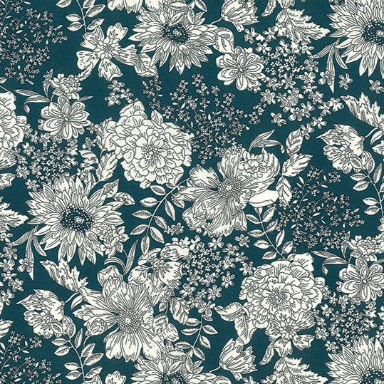 Toile floral print of black and white flowers on a rich teal background.  Perfect smooth weight of 100% cotton for dressmaking or craft projects. Available to buy in half metre increments at Fabric Focus Edinburgh.
