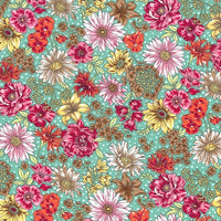 Shades of Pink and Yellow floral Asters on a lovely soft green background.. Perfect smooth weight of 100% cotton for dressmaking or craft projects. Available to buy in half metre increments at Fabric Focus Edinburgh.