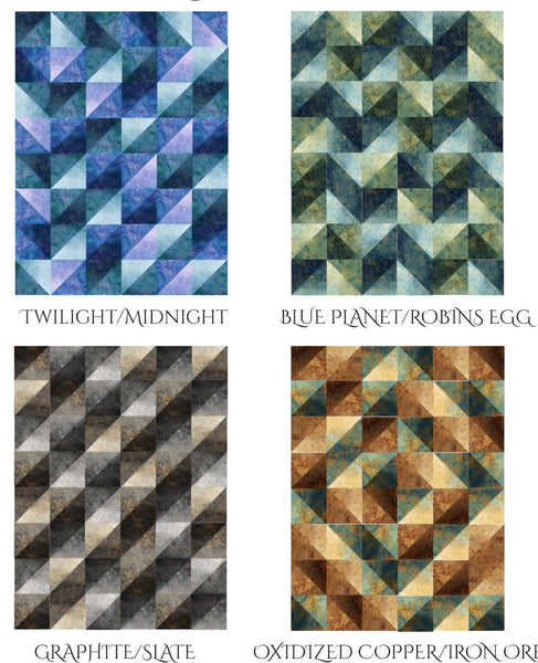 Easy Peasy Quilt kit available in 4 different colour options using the Stonehenge Gradations Ombre range of fabrics.  Make it your own with your unique layout. Some of which are shown here.  Available at Fabric Focus Edinburgh.