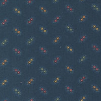 The Chickadee Landing collection embodies all the characteristics of fall with leaves, vines and geometrics in there signature colour palette. Twin Spots on a navy blue background. Sold in quarter metre increments.