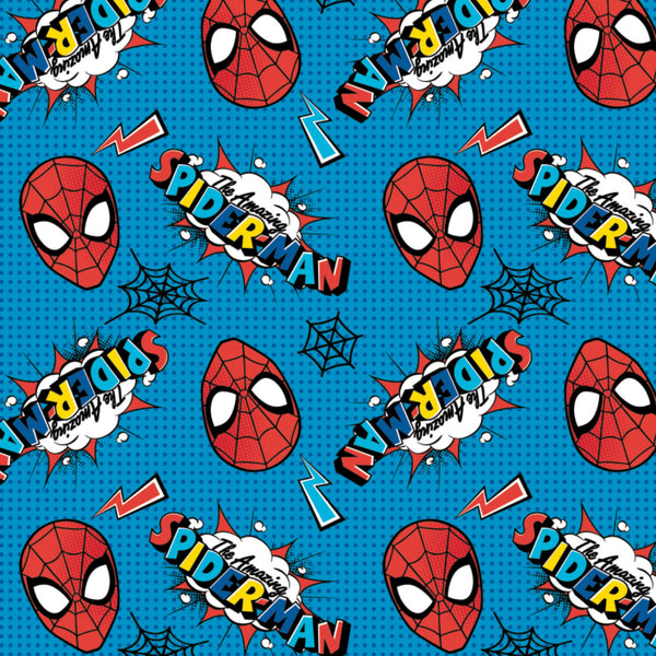 Spiderman Kawaii on blue. 100% cotton. Fabric Focus