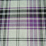 poly viscose tartan. purple grey plaid. Fabric Focus