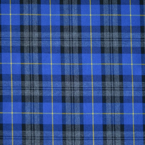Hard wearing because of the blend between polyester and viscose.  Machine washable and crease resistant - suitable for clothing, kilts, trousers and suits and also for interior products such as curtains and cushions. This is a fashionable blue and grey fashion plaid.  Sold in half metre increments at Fabric Focus.