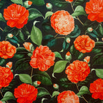 polyester digital print velvet. romantic roses. red and black. Fabric Focus