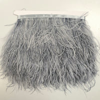 Ostrich Feather trim in a soft Dove Grey colour way. Available to buy in store and online at Fabric Focus Edinburgh.