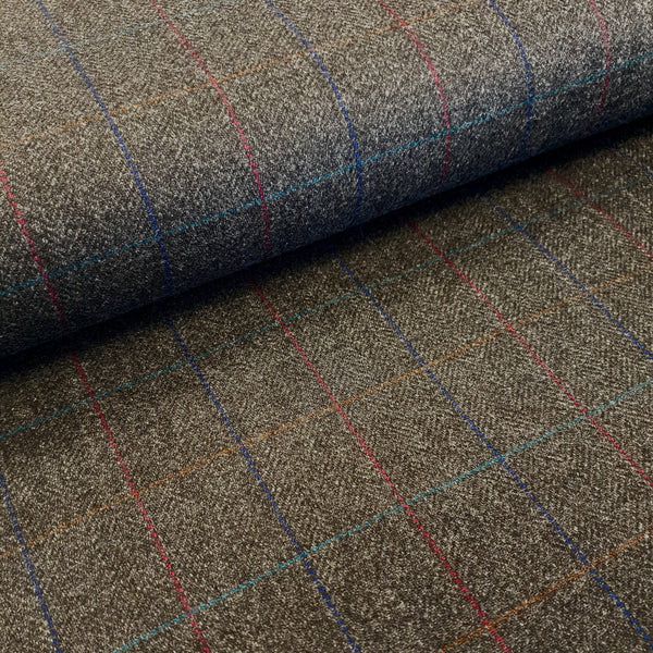 100% pure new wool in charcoal with over-squares of colour. Available to buy in store and online at Fabric Focus Edinburgh.