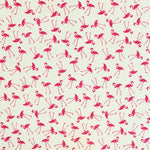Scattered flamingos on a white background.  Perfect smooth weight of 100% cotton for dressmaking or craft projects. Available to buy in half metre increments at Fabric Focus Edinburgh.
