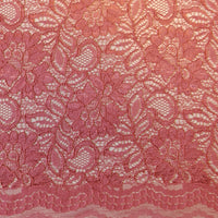 Tocca Lace  is an exquisite corded lace fabric with a pretty scallop along both edges. The colours available in this range are simply stunning and will be perfect to make a statement piece for a wedding, special occasion and evening wear. In a soft  romantic desert Rose pink colourway. Available to buy in half metre increments.