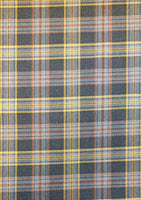 Hard wearing because of the blend between polyester and viscose.  Machine washable and crease resistant - suitable for clothing, kilts, trousers and suits and also for interior products such as curtains and cushions. This classic grey/ochre check also has a small percentage of elastane for a forgiving fit. Sold in half metre increments at Fabric Focus.