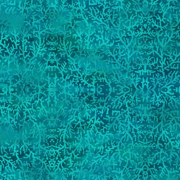 digital print cotton featuring aqua tonal coral reef. Available to purchase online and in store at Fabric Focus Edinburgh.