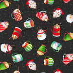 Christmas Jamboree is 100% cotton with festive tankards of hot chocolate on a black background.