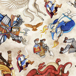 Dragon Quest scatter featuring dragons, knights, ogres, unicorns and wizards. Printed on 100% cotton and available to buy in store and online at Fabric Focus Edinburgh