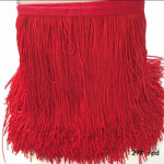 polyester fringing in bright red. sold in metre increments at Fabric Focus
