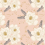 Lotus flower print of white and silver on a pale pink background. 100% cotton fabric available to buy in store and online at Fabric Focus Edinburgh.