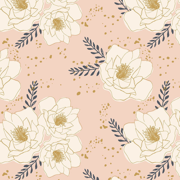 Lotus flower print of white and silver on a pale pink background. 100% cotton fabric available to buy in store and online at Fabric Focus Edinburgh.