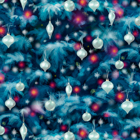 Winter Wishes collection featuring silver baubles and ornaments hanging from tree branches. Pink lights glow in the background giving a warm glow to the festive fabric. Available to buy in quarter metre increments.