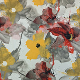 Pale cream background with red, gold and grey oversized flowers that look 'painted' on make up this beautiful soft satin with amazing drape. Available to buy in half metre increments at Fabric Focus