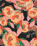 A beautiful modern digital floral print of orange, pink and green on a black background. Perfect for wrap dresses, wide legged trousers and blouses. Manufacturer recommends 30 degree wash but please allow for shrinkage and test a piece before hand.  Sold in half metre increments at Fabric Focus Edinburgh.