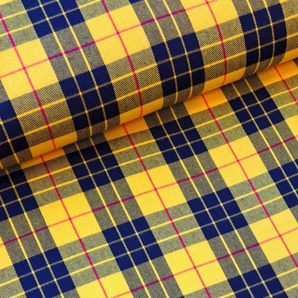 Hard wearing because of the blend between polyester and viscose.  Machine washable and crease resistant - suitable for clothing, kilts, trousers and suits and also for interior products such as curtains and cushions. This is the funky Macleod of Lewis yellow/black plaid.Sold in half metre increments at Fabric Focus.