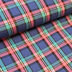 Hard wearing because of the blend between polyester and viscose.  Machine washable and crease resistant - suitable for clothing, kilts, trousers and suits and also for interior products such as curtains and cushions. This is the funky royal/pink/black fashion plaid.Sold in half metre increments at Fabric Focus.