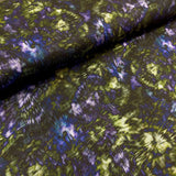 dark green and purple tie dye print on viscose twill