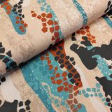 Gorgeous viscose twill of turquoise, black aboriginal inspired print on cream background available at Fabric Focus Edinburgh