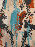 Gorgeous viscose twill of turquoise, black aboriginal inspired print on cream background available at Fabric Focus Edinburgh