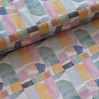 A wonderful medium dressmaking weight linen. Linen mixed with natural viscose. A digital modern print of pastel tiles on a white background.   Available to buy in metre increments from Fabric Focus Edinburgh. 