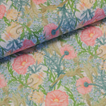  This beautiful stretch cotton fabric is a fantastic to sew with. The the ease of sewing with cotton, but the spandex content means this fabric has a one way stretch.  A striking print of pink and yellow roses on an off white background. Sold in half metre increments online and in store at Fabric Focus.