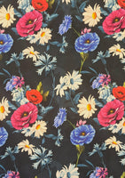  This beautiful stretch cotton fabric is a fantastic to sew with. The the ease of sewing with cotton, but the spandex content means this fabric has a one way stretch.  A striking print of daisies roses and poppies on a dark almost black navy background. Sold in half metre increments online and in store at Fabric Focus.