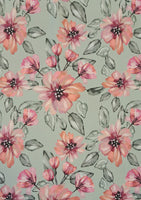  This beautiful stretch cotton fabric is a fantastic to sew with. The the ease of sewing with cotton, but the spandex content means this fabric has a one way stretch.  A striking print of 'zinnias' in pinks and oranges on a light sage background. Sold in half metre increments online and in store at Fabric Focus.