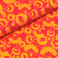  This beautiful stretch cotton fabric is a fantastic to sew with. The the ease of sewing with cotton, but the spandex content means this fabric has a one way stretch.  A striking funky retro 60s print of orange and fuchsia pink stylised flowers. Sold in half metre increments online and in store at Fabric Focus.