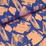  This beautiful stretch cotton fabric is a fantastic to sew with. The the ease of sewing with cotton, but the spandex content means this fabric has a one way stretch.  A striking print cobalt blue and soft pink 'brush strokes'. Sold in half metre increments online and in store at Fabric Focus.