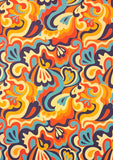  This beautiful stretch cotton fabric is a fantastic to sew with. The the ease of sewing with cotton, but the spandex content means this fabric has a one way stretch.  A striking retro 60s print of blue,orange, gold and turquoise swirls. Sold in half metre increments online and in store at Fabric Focus.