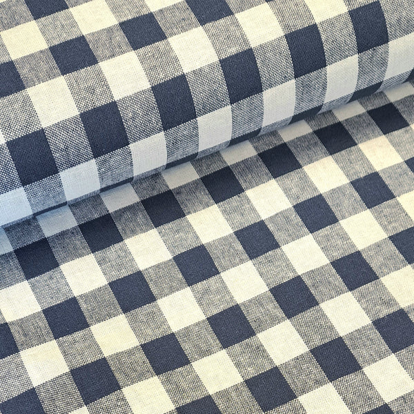 A wonderful medium dressmaking weight linen. Linen mixed with cotton. A gingham check in a navy blue and off white.  Available to buy in metre increments from Fabric Focus Edinburgh. 