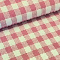 A wonderful medium dressmaking weight linen. Linen mixed with cotton. A gingham check in a mulberry pink and off white.  Available to buy in metre increments from Fabric Focus Edinburgh. 