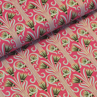 A stunning stylized art deco print in shades of black, grey and pale blue, highlighted in metallic gold on a beautiful rich cerise pink background. Printed on a beautiful lightweight cotton lawn, perfect for Spring/Summer dresses!  Sold in half metre increments at Fabric Focus.