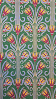 A stunning stylized art deco print in shades of purple, yellow and pale blue, highlighted in metallic gold on a beautiful rich emerald green background. Printed on a beautiful lightweight cotton lawn, perfect for Spring/Summer dresses!  Sold in half metre increments at Fabric Focus.