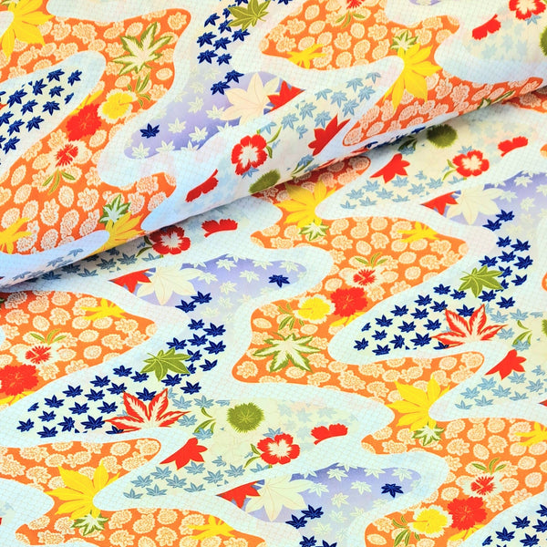 A beautiful print in a Japanese motif style called Trailing Leaves, on a soft viscose fabric. Perfect for wrap dresses, wide legged trousers and blouses. 
 Sold in half metre increments at Fabric Focus Edinburgh.