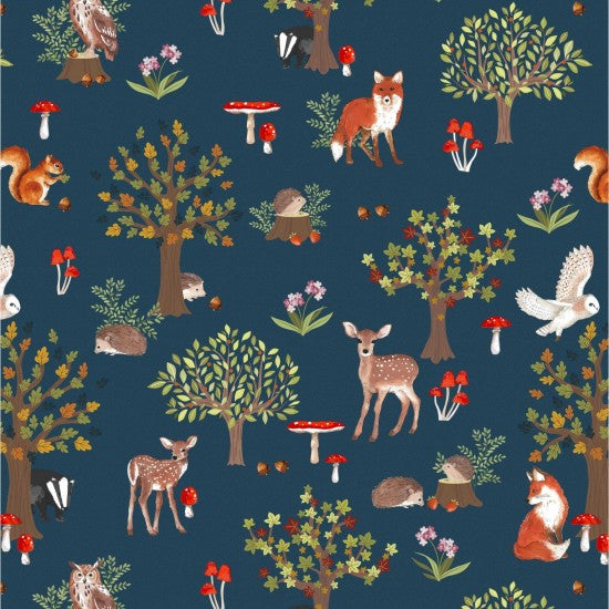 British Woodland Friends are showcased in this beautiful and adorable mini collection by Nutex. This being the scenic fabric with all the animals.