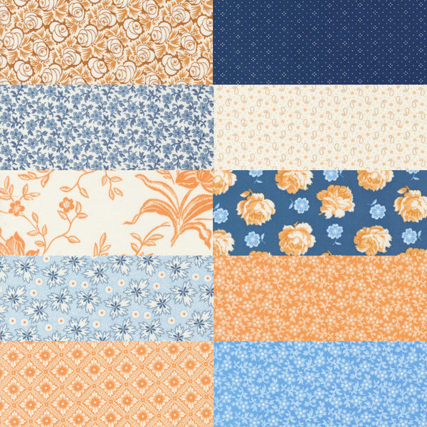 Fat Quarter Bundles.  Beautifully co-ordinated fabrics for all of your sewing projects.
Each fat quarter measures approx 50cm x 56cm.
Great for cushions, bags, quilts, patchwork, dolls clothes, bunting, crafts and
SEW much more! This collection features the orange and blue collection, Denim & Daisies for Moda.