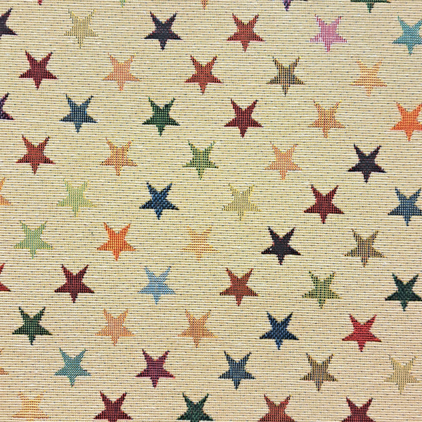 Our tapestry fabrics are cotton rich medium/heavy weight cloth, this being multi stars.
Available to buy in half metre increments at Fabric Focus Edinburgh.