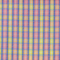 Beautiful cotton polyester mix seersucker in a summer check plaid of pink, lilac and yellow. Available to buy at Fabric Focus Edinburgh.