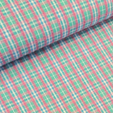 Beautiful cotton polyester mix seersucker in a summer check plaid of pink, green and white. Available to buy at Fabric Focus Edinburgh.