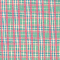 Beautiful cotton polyester mix seersucker in a summer check plaid of pink, green and white. Available to buy at Fabric Focus Edinburgh.