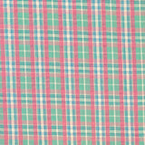 Beautiful cotton polyester mix seersucker in a summer check plaid of pink, green and white. Available to buy at Fabric Focus Edinburgh.