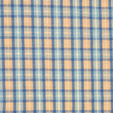 Beautiful cotton polyester mix seersucker in a summer check plaid of blue, beige and white. Available to buy at Fabric Focus Edinburgh.