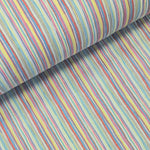 Cotton Print perfect for making shirts, dresses, lightweight trousers and skirts. Multi coloured stripe cotton with crinkle finish. Sold @ Fabric Focus.